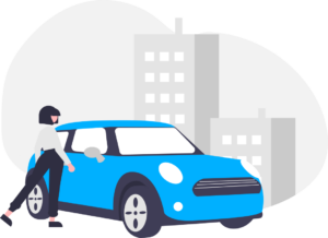 woman getting into blue car graphic